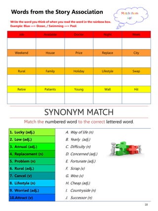 18
Words from the Story Association
Write the word you think of when you read the word in the rainbow box.
Example: Blue —> Ocean, / Swimming —> Pool
Job Available Doctor Night Week
Weekend House Price Replace City
Rural Family Holiday Lifestyle Swap
Retire Patients Young Wall Hit
Match them
up!
1. Lucky (adj.) A. Way of life (n)
2. Low (adj.) B. Yearly (adj.)
3. Annual (adj.) C. Difficulty (n)
4. Replacement (n) D. Concerned (adj.)
5. Problem (n) E. Fortunate (adj.)
6. Rural (adj.) F. Scrap (v)
7. Cancel (v) G. Woo (v)
8. Lifestyle (n) H. Cheap (adj.)
9. Worried (adj.) I. Countryside (n)
10.Attract (v) J. Successor (n)
Match the numbered word to the correct lettered word.
SYNONYM MATCH
 