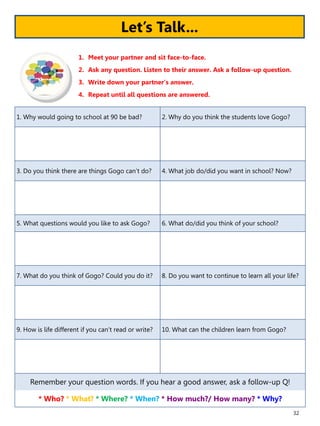 32
1. Why would going to school at 90 be bad? 2. Why do you think the students love Gogo?
3. Do you think there are things Gogo can’t do? 4. What job do/did you want in school? Now?
5. What questions would you like to ask Gogo? 6. What do/did you think of your school?
7. What do you think of Gogo? Could you do it? 8. Do you want to continue to learn all your life?
9. How is life different if you can’t read or write? 10. What can the children learn from Gogo?
Remember your question words. If you hear a good answer, ask a follow-up Q!
* Who? * What? * Where? * When? * How much?/ How many? * Why?
1. Meet your partner and sit face-to-face.
2. Ask any question. Listen to their answer. Ask a follow-up question.
3. Write down your partner’s answer.
4. Repeat until all questions are answered.
Let’s Talk...
 