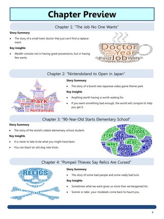 4
Chapter 1: “The Job No One Wants”
Chapter 2: “Nintendoland to Open in Japan”
Chapter 3: “90-Year-Old Starts Elementary School”
Chapter 4: “Pompeii Thieves Say Relics Are Cursed”
Story Summary
 The story of some bad people and some really bad luck.
Key Insights
 Sometimes what we want gives us more than we bargained for.
 Sooner or later, your misdeeds come back to haunt you.
Story Summary
 The story of the world’s oldest elementary school student.
Key Insights
 It is never to late to be what you might have been.
 You can teach an old dog new tricks.
Story Summary
 The story of a brand new Japanese video game theme park.
Key Insights
 Anything worth having is worth waiting for.
 If you want something bad enough, the world will conspire to help
you get it.
Story Summary
 The story of a small town doctor that just can’t find a replace-
ment.
Key Insights
 Wealth consists not in having great possessions, but in having
few wants.
Chapter Preview
 