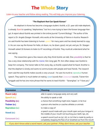 59
“The Elephant that Can Speak Korean”
An elephant in Korea has become a language student. Koshik, a 22- year-old male elephant,
is already fluent in speaking "elephantese," but he is now trying to learn the Korean language Han-
gul. A report about Koshik was printed in the online journal "Current Biology". The author of the
report is Dr. Angela Stoeger-Horwath, who works at the University of Vienna in Austria. Research-
ers said Koshik has been listening to human speech for many years and has slowly learned to copy
it. He can now say the Korean for hello, sit down, no, lie down, good, not yet, and yes. Dr. Stoeger-
Horwath asked 16 Koreans to listen to 47 recordings of Koshik. They could all understand what he
was saying.
The researchers gave a few reasons why they think Koshik can talk. One possibility is that he
has a very close relationship with his trainer, Kim Jong-gab. Mr. Kim often sleeps near Koshik to
keep him company. The trainer talks to him every day, so Koshik copied what he heard. Another is
that the elephant is lonely and wants to communicate with people and have friends. The research
team said the way Koshik makes sounds is very unusual - he uses his trunk to reproduce human
speech. They said he is much better at making vowel sounds than consonant sounds. Trainer Kim
Jonggab said he has one more phrase that he wants to teach Koshik - "Saranghae," or "I love you."
Expression Meaning
Fluent (adj.) able to speak a language easily and very well
Speech (n.) the ability to speak or talk
Possibility (n.) a chance that something might exist, happen, or be true
Trainer (n.) a person who teaches or coaches athletes or animals
Reproduce (v.) to make a copy of
Vowel (n.)
a speech sound made with your mouth open and your tongue in
the middle of your mouth not touching your teeth, lips, etc.
Consonant (n.)
a speech sound (such as /p/, /d/, or /s/) that is made by partly or
completely stopping the flow of air breathed out from the mouth
If you don’t know what a word means, ask your partner. If they don’t know, ask your teacher.
The Whole Story
Listen to your teacher and follow along reading. This will help you improve your listening.
 