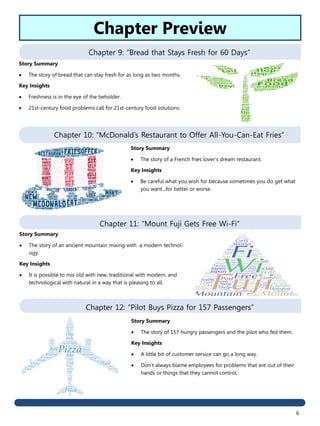 6
Chapter 9: “Bread that Stays Fresh for 60 Days”
Chapter 10: “McDonald’s Restaurant to Offer All-You-Can-Eat Fries”
Chapter 11: “Mount Fuji Gets Free Wi-Fi”
Chapter 12: “Pilot Buys Pizza for 157 Passengers”
Story Summary
 The story of 157 hungry passengers and the pilot who fed them.
Key Insights
 A little bit of customer service can go a long way.
 Don’t always blame employees for problems that are out of their
hands or things that they cannot control.
Story Summary
 The story of an ancient mountain mixing with a modern technol-
ogy.
Key Insights
 It is possible to mix old with new, traditional with modern, and
technological with natural in a way that is pleasing to all.
Story Summary
 The story of a French fries lover’s dream restaurant.
Key Insights
 Be careful what you wish for because sometimes you do get what
you want...for better or worse.
Story Summary
 The story of bread that can stay fresh for as long as two months.
Key Insights
 Freshness is in the eye of the beholder.
 21st-century food problems call for 21st-century food solutions.
Chapter Preview
 