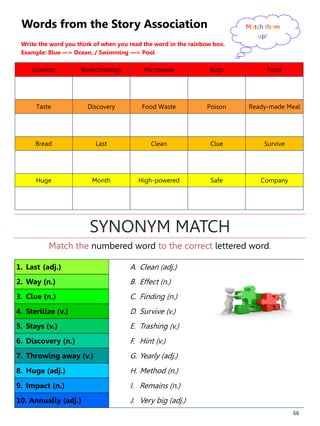 66
Words from the Story Association
Write the word you think of when you read the word in the rainbow box.
Example: Blue —> Ocean, / Swimming —> Pool
Scientist Biotechnology Microwave Bugs Food
Taste Discovery Food Waste Poison Ready-made Meal
Bread Last Clean Clue Survive
Huge Month High-powered Safe Company
Match them
up!
1. Last (adj.) A. Clean (adj.)
2. Way (n.) B. Effect (n.)
3. Clue (n.) C. Finding (n.)
4. Sterilize (v.) D. Survive (v.)
5. Stays (v.) E. Trashing (v.)
6. Discovery (n.) F. Hint (v.)
7. Throwing away (v.) G. Yearly (adj.)
8. Huge (adj.) H. Method (n.)
9. Impact (n.) I. Remains (n.)
10. Annually (adj.) J. Very big (adj.)
Match the numbered word to the correct lettered word.
SYNONYM MATCH
 