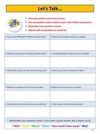 74
1. Do you like McDonald’s? What food tastes best? 2. What menu changes would you suggest?
3. What do you think of an all-day breakfast menu? 4. Should McDonald’s think more about health?
5. What other all-you-can-eat food would you like? 6. What is your favorite restaurant? Why?
7. What will a restaurant in the future look like? 8. What is the burger of your dreams?
9. Would you want to try the all-you-can-eat fries? 10. Self-serve or full-service restaurants?
Remember your question words. If you hear a good answer, ask a follow-up Q!
* Who? * What? * Where? * When? * How much?/ How many? * Why?
1. Meet your partner and sit face-to-face.
2. Ask any question. Listen to their answer. Ask a follow-up question.
3. Write down your partner’s answer.
4. Repeat until all questions are answered.
Let’s Talk...
 
