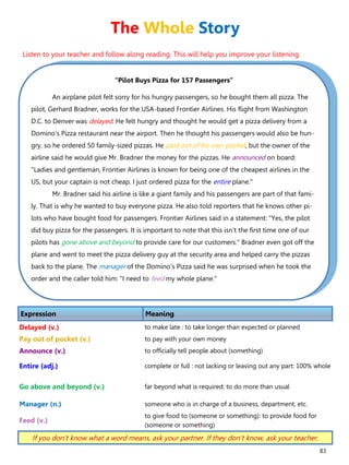 83
“Pilot Buys Pizza for 157 Passengers”
An airplane pilot felt sorry for his hungry passengers, so he bought them all pizza. The
pilot, Gerhard Bradner, works for the USA-based Frontier Airlines. His flight from Washington
D.C. to Denver was delayed. He felt hungry and thought he would get a pizza delivery from a
Domino's Pizza restaurant near the airport. Then he thought his passengers would also be hun-
gry, so he ordered 50 family-sized pizzas. He paid out of his own pocket, but the owner of the
airline said he would give Mr. Bradner the money for the pizzas. He announced on board:
"Ladies and gentleman, Frontier Airlines is known for being one of the cheapest airlines in the
US, but your captain is not cheap. I just ordered pizza for the entire plane."
Mr. Bradner said his airline is like a giant family and his passengers are part of that fami-
ly. That is why he wanted to buy everyone pizza. He also told reporters that he knows other pi-
lots who have bought food for passengers. Frontier Airlines said in a statement: "Yes, the pilot
did buy pizza for the passengers. It is important to note that this isn't the first time one of our
pilots has gone above and beyond to provide care for our customers." Bradner even got off the
plane and went to meet the pizza delivery guy at the security area and helped carry the pizzas
back to the plane. The manager of the Domino's Pizza said he was surprised when he took the
order and the caller told him: "I need to feed my whole plane."
Expression Meaning
Delayed (v.) to make late : to take longer than expected or planned
Pay out of pocket (v.) to pay with your own money
Announce (v.) to officially tell people about (something)
Entire (adj.) complete or full : not lacking or leaving out any part: 100% whole
Go above and beyond (v.) far beyond what is required: to do more than usual
Manager (n.) someone who is in charge of a business, department, etc.
Feed (v.)
to give food to (someone or something): to provide food for
(someone or something)
If you don’t know what a word means, ask your partner. If they don’t know, ask your teacher.
The Whole Story
Listen to your teacher and follow along reading. This will help you improve your listening.
 