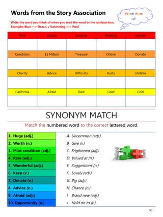 90
Words from the Story Association
Write the word you think of when you read the word in the rainbow box.
Example: Blue —> Ocean, / Swimming —> Pool
Mint Couple Surprise Walking Garden
Condition $1 Million Treasure Online Donate
Charity Advice Difficulty Rusty Lifetime
California Afraid Rare Gold Coin
Match them
up!
1. Huge (adj.) A. Uncommon (adj.)
2. Worth (n.) B. Give (v.)
3. Mint condition (adj.) C. Frightened (adj.)
4. Rare (adj.) D. Valued at (n.)
5. Wonderful (adj.) E. Suggestions (n.)
6. Keep (v.) F. Lovely (adj.)
7. Donate (v.) G. Big (adj.)
8. Advice (n.) H. Chance (n.)
9. Afraid (adj.) I. Brand new (adj.)
10. Opportunity (n.) J. Hold on to (v.)
Match the numbered word to the correct lettered word.
SYNONYM MATCH
 