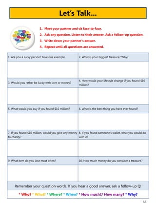 92
1. Are you a lucky person? Give one example. 2. What is your biggest treasure? Why?
3. Would you rather be lucky with love or money?
4. How would your lifestyle change if you found $10
million?
5. What would you buy if you found $10 million? 6. What is the best thing you have ever found?
7. If you found $10 million, would you give any money
to charity?
8. If you found someone’s wallet, what you would do
with it?
9. What item do you lose most often? 10. How much money do you consider a treasure?
Remember your question words. If you hear a good answer, ask a follow-up Q!
* Who? * What? * Where? * When? * How much?/ How many? * Why?
1. Meet your partner and sit face-to-face.
2. Ask any question. Listen to their answer. Ask a follow-up question.
3. Write down your partner’s answer.
4. Repeat until all questions are answered.
Let’s Talk...
 