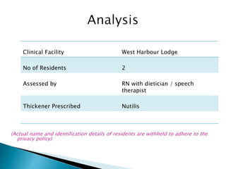 (Actual name and identification details of residents are withheld to adhere to the
privacy policy)
Clinical Facility West Harbour Lodge
No of Residents 2
Assessed by RN with dietician / speech
therapist
Thickener Prescribed Nutilis
 