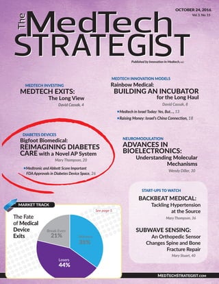 MEDTECH INVESTING
MEDTECH EXITS:
The Long View
David Cassak, 4
MEDTECHSTRATEGIST.COM
See page 5
OCTOBER 24, 2016
Vol.3, No.15
MARKET TRACK
Published by Innovation In Medtech,llc
START-UPS TO WATCH
BACKBEAT MEDICAL:
Tackling Hypertension
at the Source
Mary Thompson, 36
SUBWAVE SENSING:
An Orthopedic Sensor
Changes Spine and Bone
Fracture Repair
Mary Stuart, 40
NEUROMODULATION
ADVANCES IN
BIOELECTRONICS:
Understanding Molecular
Mechanisms
Wendy Diller, 30
MEDTECH INNOVATION MODELS
Rainbow Medical:
BUILDING AN INCUBATOR
for the Long Haul
David Cassak, 8
Medtech in Israel Today: Yes, But…, 13
Raising Money: Israel’s China Connection, 18
The Fate
of Medical
Device
Exits
DIABETES DEVICES
Bigfoot Biomedical:
REIMAGINING DIABETES
CARE with a Novel AP System
Mary Thompson, 20
Medtronic and Abbott Score Important
FDAApprovals in Diabetes Device Space, 26
Winners
35%
Losers
44%
Break Even
21%
 