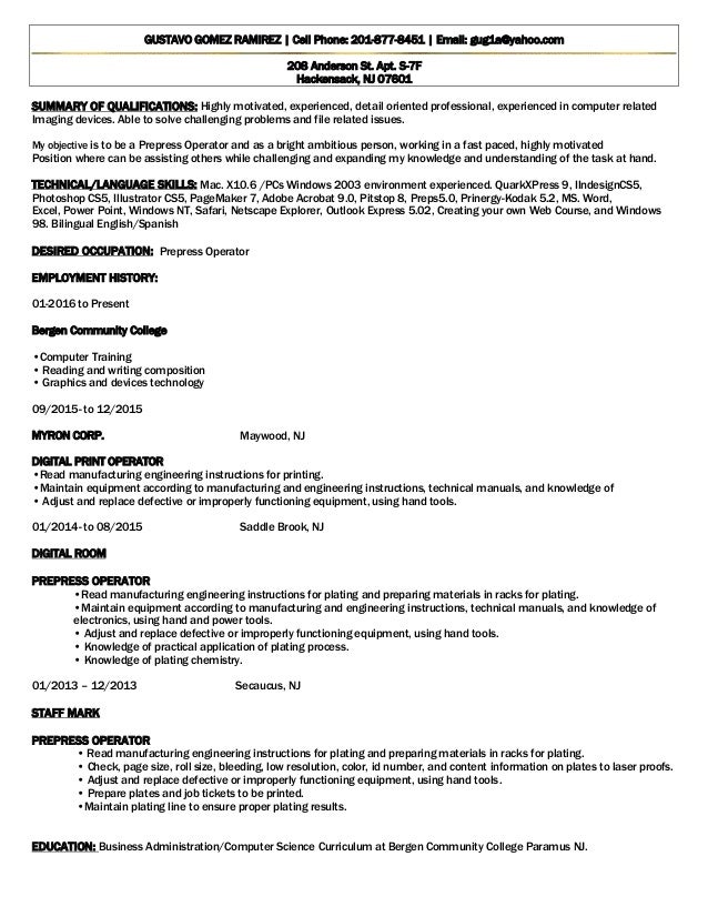 prepress resume