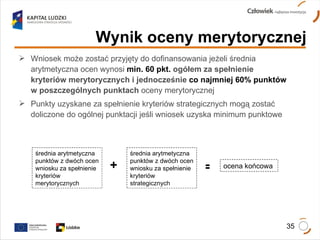 Wynik oceny merytorycznej Wniosek może zostać przyjęty do dofinansowania jeżeli średnia arytmetyczna ocen wynosi  min. 60 pkt.  ogółem za spełnienie kryteriów merytorycznych i jednocześnie  co najmniej 60% punktów  w poszczególnych punktach  oceny merytorycznej Punkty uzyskane za spełnienie kryteriów strategicznych mogą zostać doliczone do ogólnej punktacji jeśli wniosek uzyska minimum punktowe średnia arytmetyczna punktów z dwóch ocen wniosku za spełnienie kryteriów merytorycznych średnia arytmetyczna punktów z dwóch ocen wniosku za spełnienie kryteriów strategicznych + = ocena końcowa 