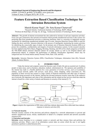 International Journal of Engineering Research and Development
e-ISSN: 2278-067X, p-ISSN: 2278-800X, www.ijerd.com
Volume 8, Issue 2 (August 2013), PP. 23-38
23
Feature Extraction Based Classification Technique for
Intrusion Detection System
Manish Kumar Nagle1
, Dr. Setu Kumar Chaturvedi2
1
Research Scholar, Technocrats Institute of Technology, RGPV, Bhopal.
2
Professor & Head Dept. of Comp. Sci. & Engg., Technocrats Institute of Technology, RGPV, Bhopal.
Abstract:- The growth of internet environment has also achieved to increase in end user suspicious activities.
Every user gets connected to the network environment which growths unauthorized activities in the system. For
protecting data from unauthorized activities or detecting intrusions, there is a necessity to implement security
mechanism for identifying unauthorized probable sign of events. Intrusion Detection System (IDS) is used for
finding the above activities. Intrusion detection is the process of intelligently monitoring the system activities
for identifying the conceivable signs of attack. So the primary aim of Intrusion Detection Systems (IDS) is to
protect the availability, confidentiality and integrity of network information systems. In this research classifier
has been applied using Naïve Bayes, Bagging, Boosting, Stacking, and J48 on five attack categories as found in
the NSL-KDD dataset intrusion detection dataset for novelty attacks as well as for Original dataset and
prepossessed dataset. It compares the performance of different classification algorithms which may be
categorized into five broad attacks namely Normal, Probe, DoS, U2R, and R2L.
Keywords:- Intrusion Detection System (IDS), Classification Techniques, Information Gain (IG), Network
Attack, Evolution Metrics.
I. INTRODUCTION
Today the internet and computer system has become a part of daily life and an essential tool. It utilities
people in many areas, such as business, education, medical, entertainment etc. The openness and scalability of
the internet has made it a flexible platform for a new generation of on-line services, such as E-commerce,
military, social network, public web services, stock prices, online shopping, online reservation etc. The
popularity of these services has caused in a huge volume of financial transactions and other type of sensitive
information being accessed via the internet. Internet has elevated numerous security issues due to the explosive
use of network, the importance and value of this information and the related on-line services which has made the
internet a board for a wide variety of attacks and threatens its security of the internet [5, 7].
Figure 1 depicts the organization of IDS where solid lines indicate data/control flow while dash lines indicate
response to intrusive activities [42].
1.1 Network Security
Network security consists of the provision and policies adopted by a network administrator to prevent and
monitor unauthorized access, misuse, modification or denial of a computer network and network accessible
resources [43].
1.2 Intrusion and Intruder
Intrusion means breaking in to a computer system or network and then misuses them and performs the
malicious activities. When a user of an information system takes an action which the user is not legally
permitted to perform is called Intrusion [43].
 
