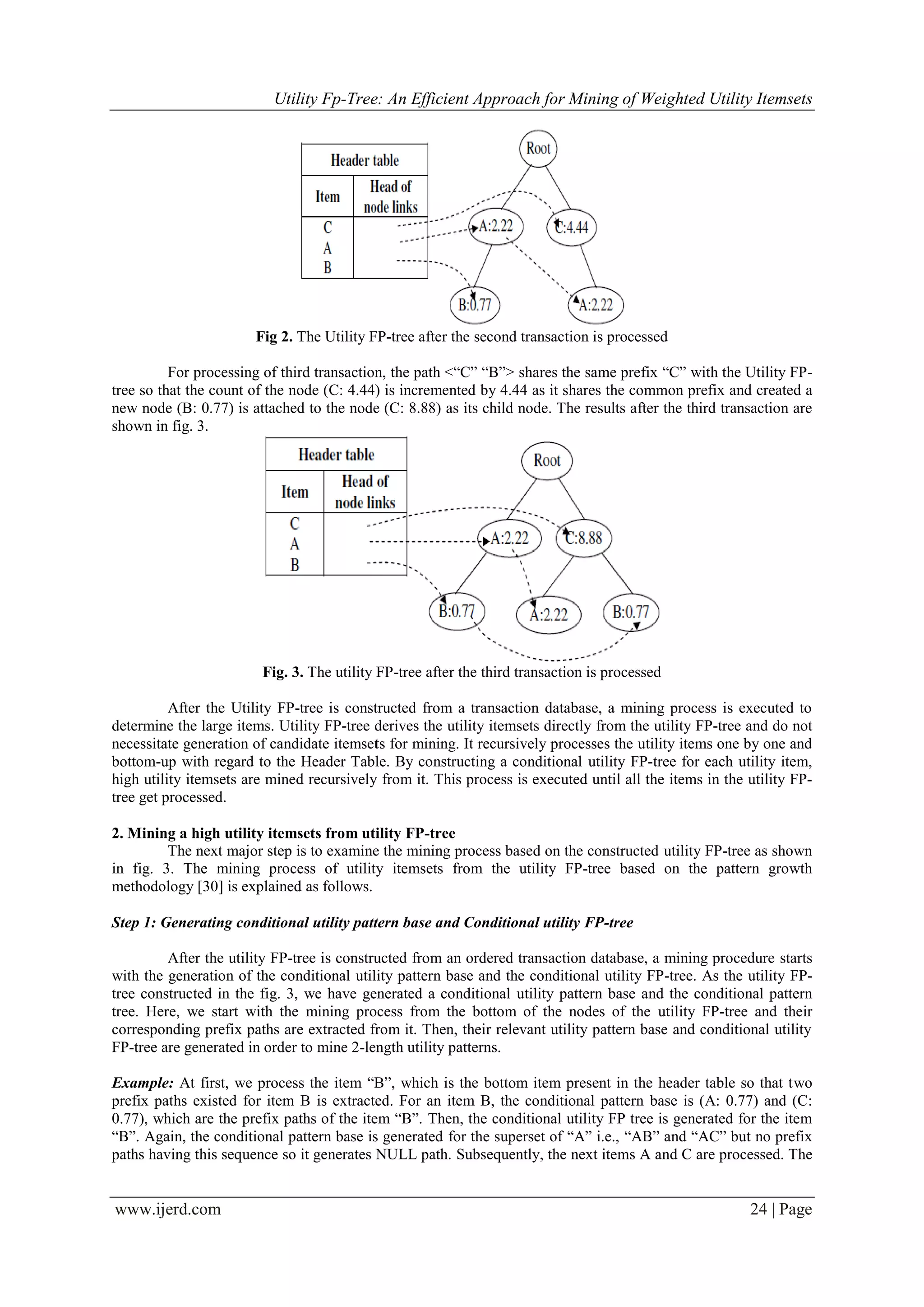 Utility Fp-Tree: An Efficient Approach for Mining of Weighted Utility Itemsets
www.ijerd.com 24 | Page
Fig 2. The Utility FP-tree after the second transaction is processed
For processing of third transaction, the path <“C” “B”> shares the same prefix “C” with the Utility FP-
tree so that the count of the node (C: 4.44) is incremented by 4.44 as it shares the common prefix and created a
new node (B: 0.77) is attached to the node (C: 8.88) as its child node. The results after the third transaction are
shown in fig. 3.
Fig. 3. The utility FP-tree after the third transaction is processed
After the Utility FP-tree is constructed from a transaction database, a mining process is executed to
determine the large items. Utility FP-tree derives the utility itemsets directly from the utility FP-tree and do not
necessitate generation of candidate itemsets for mining. It recursively processes the utility items one by one and
bottom-up with regard to the Header Table. By constructing a conditional utility FP-tree for each utility item,
high utility itemsets are mined recursively from it. This process is executed until all the items in the utility FP-
tree get processed.
2. Mining a high utility itemsets from utility FP-tree
The next major step is to examine the mining process based on the constructed utility FP-tree as shown
in fig. 3. The mining process of utility itemsets from the utility FP-tree based on the pattern growth
methodology [30] is explained as follows.
Step 1: Generating conditional utility pattern base and Conditional utility FP-tree
After the utility FP-tree is constructed from an ordered transaction database, a mining procedure starts
with the generation of the conditional utility pattern base and the conditional utility FP-tree. As the utility FP-
tree constructed in the fig. 3, we have generated a conditional utility pattern base and the conditional pattern
tree. Here, we start with the mining process from the bottom of the nodes of the utility FP-tree and their
corresponding prefix paths are extracted from it. Then, their relevant utility pattern base and conditional utility
FP-tree are generated in order to mine 2-length utility patterns.
Example: At first, we process the item “B”, which is the bottom item present in the header table so that two
prefix paths existed for item B is extracted. For an item B, the conditional pattern base is (A: 0.77) and (C:
0.77), which are the prefix paths of the item “B”. Then, the conditional utility FP tree is generated for the item
“B”. Again, the conditional pattern base is generated for the superset of “A” i.e., “AB” and “AC” but no prefix
paths having this sequence so it generates NULL path. Subsequently, the next items A and C are processed. The
 