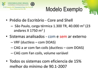 Modelo Exemplo
• Prédio de Escritório - Core and Shell
– São Paulo, carga térmica 1.300 TR, 40.000 m2 (23
andares X 1750 m2 )
• Sistemas analisados - com e sem ar externo
– VRF (ductless – com DOAS)
– CAG a ar com fan coils (ductless – com DOAS)
– CAG com Fan coils, volume variável
• Todos os sistemas com eficiencia de 15%
melhor do mínimo de 90.1-2007
 
