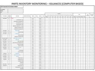PARTS INVENTORY MONITORING – ISSUANCES [COMPUTER BASED]
PARTSISSUANCESIN DATABASE FORMAT
LOTNUMBER:
MODEL:
QTY:
1 2 3 4 5 6 7 8 9 10
DATE CKD SP REC LOCAL LKS
1 51200-A25002-A 53 1 FRAME Brute P standard 1 0 0 0 0
2 LOCK WASHERM8- engine Brute P standard 7 0 0 0 0
3 PLAIN WASHERmm10[ENGINEBOLT] Brute P standard 2 0 0 0 0
4 LOCK WASHERM10- engine Brute P standard 2 0 0 0 0
5 PLAIN WASHERM8- engine Brute P standard 7 0 0 0 0
6 ENGINEBOLTFLANGEM10x 115- engine Brute P standard 2 0 0 0 0
7 ENGINEBOLTFLANGEM8x 70[75] Brute P standard 4 0 0 0 0
8 FLANGBOLTM8x 65[ENGINEBOLT] Brute P standard 1 0 0 0 0
9 51220-A5002-A 53 7 ENGINESUPPORT Brute P standard 1 0 0 0 0
10 GB/T5787-86 54 16 FLANGEBOLTM8x16 Brute P standard 3 0 0 0 0
11 51225-A5002-A 53 5 ENGINEGUARD Brute P standard 1 0 0 0 0
12 FLANGEBOLTM8x20 Brute P standard 2 0 0 0 0
13 ENGINEBOLTFLANGEM8x 90[95] Brute P standard 2 0 0 0 0
14 51223/51224-A5002-A 53 8-9 ENGINEHANGER- UPPERLH/RH Brute P standard 2 0 0 0 0
15 5421A-A5002-A 41 6 MAIN STAND Brute P standard 1 0 0 0 0
17 54207-A5002-A 41 14 MAIN STAND, SPRING Brute P standard 1 0 0 0 0
18 54205-A5002 41 8 MAIN STAND, SHAFT/ MAINSTANDPIVOT Brute P standard 1 0 0 0 0
19 54221-A5002-A 41 9 MAIN SATND,RUBBER Brute P standard 1 0 0 0 0
20 54206-A5002 41 7 MOON PATHHOOK Brute P standard 1 0 0 0 0
21 34100-A5002-A 51 3 MAIN CABLE/ HARNESS WIRE Brute P standard 1 0 0 0 0
22 33100-A5002 51 4 IGNITION COIL Brute P standard 1 0 0 0 0
23 FLATWASHERM5 Brute P standard 2 0 0 0 0
24 HEX BOLTM5x16[20] Brute P standard 2 0 0 0 0
25 37300-A5002 52 15 STARTERRELAY Brute P standard 1 0 0 0 0
26 37100-A5002-A 41 1 REARSTOP LIGHTSWITCH Brute P standard 1 0 0 0 0
27 35200-A5002-S 50 1 TAILLIGHT Brute P standard 1 0 0 0 0
28 35310-A5002 49 1 TURNINGLIGHTrrLH Brute P standard 1 0 0 0 0
29 35310-A5002 49 1 TURNINGLIGHTrrRH Brute P standard 1 0 0 0 0
30 SCREWBOLTM5x40 Brute P standard 2 0 0 0 0
31 WASHERM5 Brute P standard 2 0 0 0 0
32 82233-A5002-A 48 9 PLATEHOLDER Brute P standard 1 0 0 0 0
33 GB/T818-2002 FLANGEBOLTM6x 12 Brute P standard 2 0 0 0 0
34 PLAIN WASHERmm6- tail light Brute P standard 2 0 0 0 0
35 BANDWIRE Brute P standard 1 0 0 0 0
ADDITIONAL
ISSUED
TOTAL TOTAL
ISSUANCES
ISSUANCES
# QPUVARIANTMATERIALSPECIFICATIONPARTNAMEREF #PAGE#PARTNUMBER COLORMODEL
 