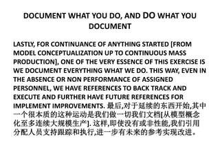 DOCUMENT WHAT YOU DO, AND DO WHAT YOU
DOCUMENT
LASTLY, FOR CONTINUANCE OF ANYTHING STARTED [FROM
MODEL CONCEPTUALIZATION UP TO CONTINUOUS MASS
PRODUCTION], ONE OF THE VERY ESSENCE OF THIS EXERCISE IS
WE DOCUMENT EVERYTHING WHAT WE DO. THIS WAY, EVEN IN
THE ABSENCE OR NON PERFORMANCE OF ASSIGNED
PERSONNEL, WE HAVE REFERENCES TO BACK TRACK AND
EXECUTE AND FURTHER HAVE FUTURE REFERENCES FOR
IMPLEMENT IMPROVEMENTS. 最后,对于延续的东西开始,其中
一个很本质的这种运动是我们做一切我们文档[从模型概念
化至多连续大规模生产]. 这样,即使没有或非性能,我们引用
分配人员支持跟踪和执行,进一步有未来的参考实现改进。
 