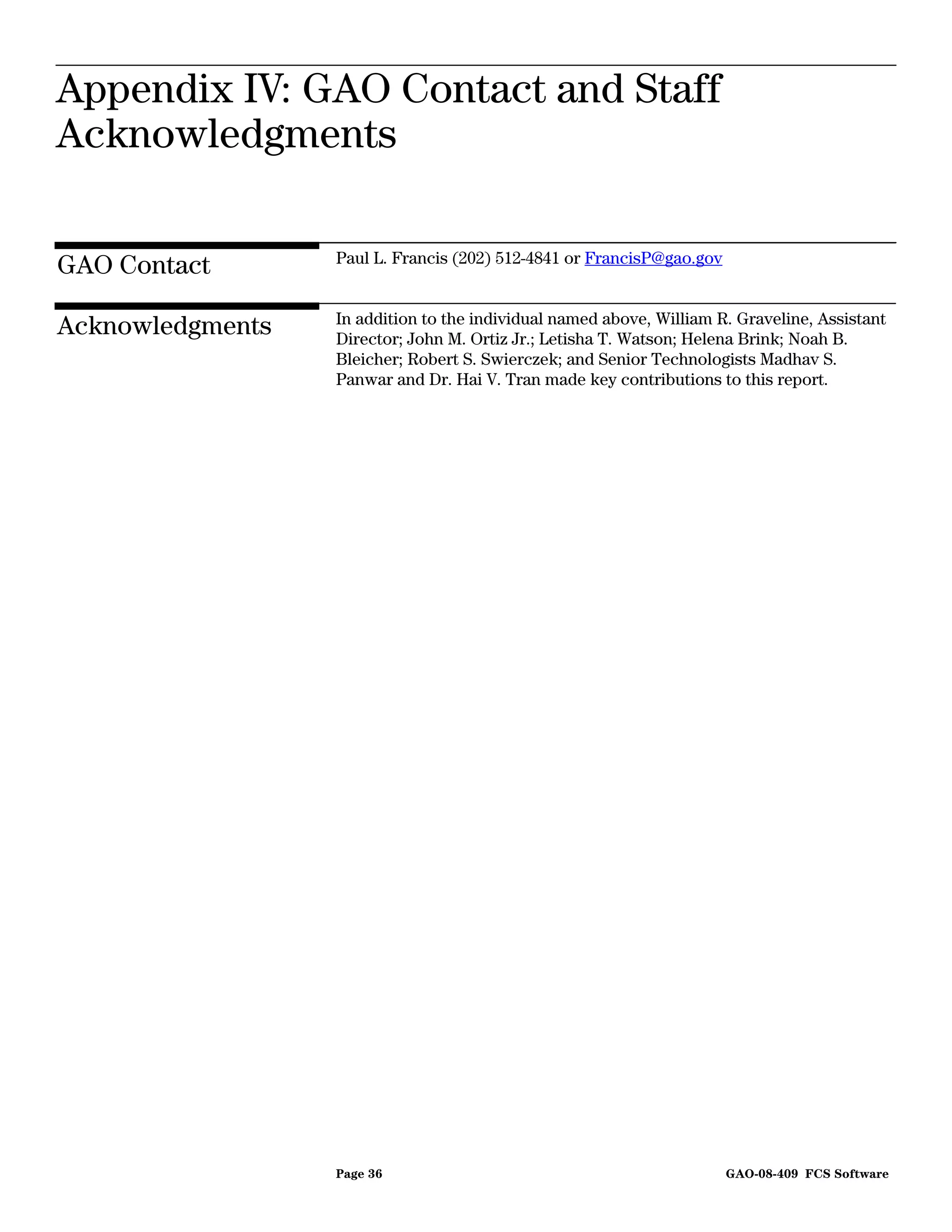 Appendix IV: GAO Contact and Staff
Appendix IV: GAO Contact and Staff
                  Acknowledgments



Acknowledgments

                  Paul L. Francis (202) 512-4841 or FrancisP@gao.gov
GAO Contact
                  In addition to the individual named above, William R. Graveline, Assistant
Acknowledgments   Director; John M. Ortiz Jr.; Letisha T. Watson; Helena Brink; Noah B.
                  Bleicher; Robert S. Swierczek; and Senior Technologists Madhav S.
                  Panwar and Dr. Hai V. Tran made key contributions to this report.




                  Page 36                                              GAO-08-409 FCS Software
 