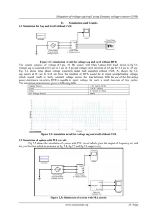 Mitigation of voltage sag/swell using Dynamic voltage restorer (DVR)
www.iosrjournals.org 29 | Page
II. Simulation and Results
2.1 Simulation for Sag and Swell without DVR:
Figure 2.1: simulation circuit for voltage sag and swell without DVR
The system consists of voltage of 1 pu, 50 Hz source with 10kw 3-phase RLC load shown in fig 5.1.
voltage sag is occurred at 0.5 sec to 1 sec of .5 pu and voltage swell occurred of 0.5 pu for 0.2 sec to .25 sec.
Fig: 5.2 shows three phase voltage waveform under fault condition without DVR. As shown fig 5.1,
sag occurs at 0.1 sec to 0.15 sec. Now the function of DVR would be to inject acompensating voltage,
which would result in fairly constant voltage across the load terminal. With the use of the fast acting
power electronics converters, DVR is capable to inject voltage for such a small duration of few cycles.
The simulation parametersare given in following table
Supply Source 3-Ф, 1 puV, 50 Hz
Load 10kW, 100Var
Filter L=20mH, C=30µF
DC Voltage Source 600V
Figure 2.2: simulation result for voltage sag and swell without DVR
2.2 Simulation of system with PLL circuit:
Fig 5.3 shows the simulation of system with PLL circuit which gives the output of frequency wt, and
sin_cos function which is as shown in fig. 2.4, fig,2.5 and fig 2.6 respectively,
Figure 2.3: Simulation of system with PLL circuit
0 0.05 0.1 0.15 0.2 0.25 0.3 0.35
-2.5
-2
-1.5
-1
-0.5
0
0.5
1
1.5
2
2.5
Time(sec)
Voltage(pu)
 