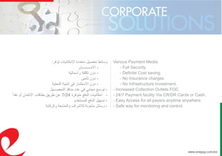 :‫توفر‬ ‫االمكانيات‬ ‫متعددة‬ ‫تحصيل‬ ‫وسائط‬
‫االمـــــــــان‬ -
‫رأسمالية‬ ‫تكلفة‬ ‫دون‬ -
‫تأمين‬ ‫دون‬ -
‫التحتية‬ ‫البنية‬ ‫في‬ ‫االستثمار‬ ‫دون‬ -
‫التحصـــيل‬ ‫منافذ‬ ‫عدد‬ ‫في‬ ‫مجاني‬ ‫توسـع‬ -
ً‫ا‬‫نقد‬ ‫أو‬ ‫االئتمان‬ ‫بطاقات‬ ‫طريق‬ ‫عن‬ 7/24 ‫متوفرة‬ ‫الدفع‬ ‫امكانيات‬ -
‫للمستخدم‬ ‫الدفع‬ ‫تسهيل‬ -
‫والرقابة‬ ‫والمتابعة‬ ‫لالشراف‬ ‫مأمونة‬ ‫وسائل‬ -
Various Payment Media.
- Full Security.
- Definite Cost saving.
- No Insurance charges.
- No Infrastructure Investment.
- Increased Collection Outlets FOC.
- 24/7 Payment facility Via CR/DR Cards or Cash.
- Easy Access for all payers anytime anywhere.
- Safe way for monitoring and control.
Merchant Benefits
www.onepay.com.kw
 