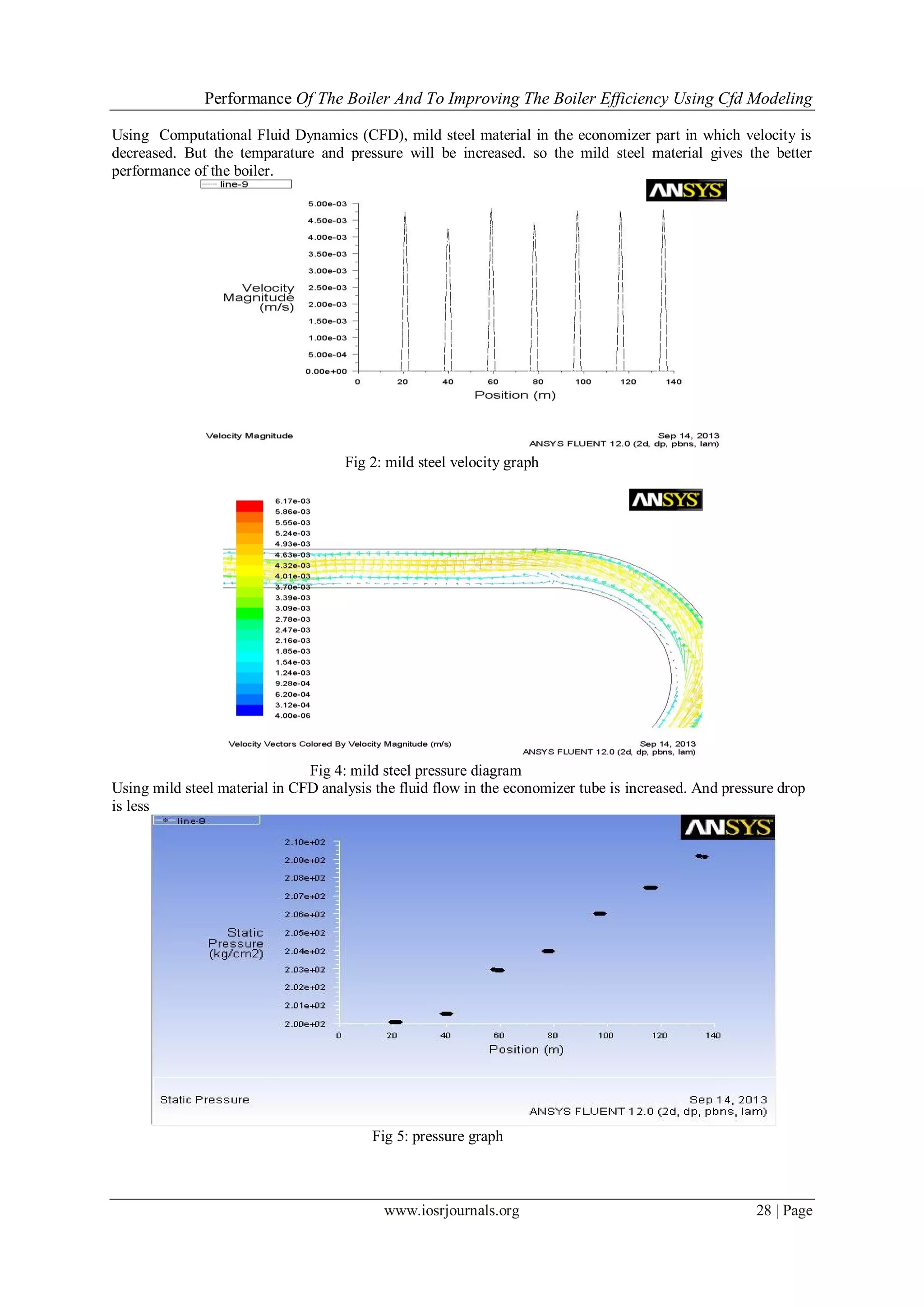Performance Of The Boiler And To Improving The Boiler Efficiency Using Cfd Modeling
www.iosrjournals.org 28 | Page
Using Computational Fluid Dynamics (CFD), mild steel material in the economizer part in which velocity is
decreased. But the temparature and pressure will be increased. so the mild steel material gives the better
performance of the boiler.
Fig 2: mild steel velocity graph
Fig 4: mild steel pressure diagram
Using mild steel material in CFD analysis the fluid flow in the economizer tube is increased. And pressure drop
is less
Fig 5: pressure graph
 