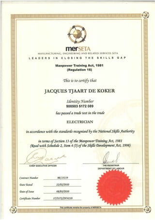 Coloured Electrician Trade Diploma signed by The Registrar Department of Labour