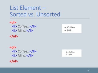 List Element –
Sorted vs. Unsorted
<ul>
<li> Coffee…</li>
<li> Milk…</li>
</ul>
<ol>
<li> Coffee…</li>
<li> Milk…</li>
</ol>
38
 