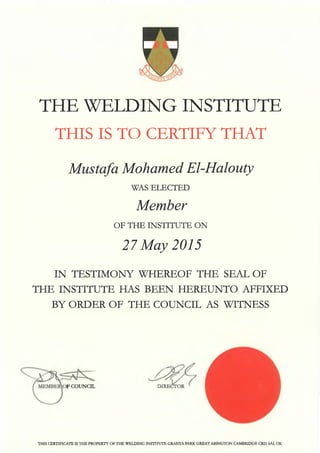 The Welding Institute Membership Certificate