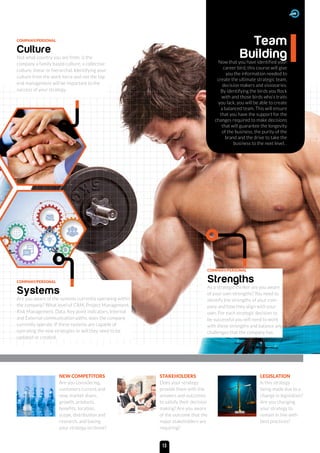 COMPANY/PERSONAL
Strengths
As a strategic thinker are you aware
of your own strengths? You need to
identify the strengths of your com-
pany and how they align with your
own. For each strategic decision to
be successful you will need to work
with these strengths and balance any
challenges that the company has.
COMPANY/PERSONAL
Systems
Are you aware of the systems currently operating within
the company? What level of CRM, Project Management,
Risk Management, Data, Key point indicators, Internal
and External communication paths, does the company
currently operate. If these systems are capable of
operating the new strategies or will they need to be
updated or created.
COMPANY/PERSONAL
Culture
Not what country you are from, is the
company a family based culture, a collective
culture, linear or hierarchal. Identifying your
culture from the work force and not the top
end management will be important to the
success of your strategy.
Team
BuildingNow that you have identified your
career bird, this course will give
you the information needed to
create the ultimate strategic team,
decision makers and visionaries.
By identifying the birds you flock
with and those birds who’s traits
you lack, you will be able to create
a balanced team. This will ensure
that you have the support for the
changes required to make decisions
that will guarantee the longevity
of the business, the purity of the
brand and the drive to take the
business to the next level. .
NEW COMPETITORS
Are you considering,
customers current and
new, market share,
growth, products,
benefits, location,
scope, distribution and
research, and basing
your strategy on these?
STAKEHOLDERS
Does your strategy
provide them with the
answers and outcomes
to satisfy their decision
making? Are you aware
of the outcome that the
major stakeholders are
requiring?
LEGISLATION
Is this strategy
being made due to a
change in legislation?
Are you changing
your strategy to
remain in line with
best practices?
13
 