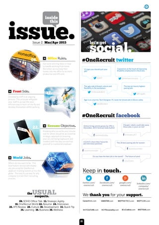 theUSUALsuspects.
09. SOHO Office Talk 13. Strategic Agility
18. OneRecruit World 22. Resume 24. Interviews
26. ATS Review 28. Culture 30. Development 33. Quick Tip
34. Learning 38. Business 39. Wellness
Office Rules.
Resume Objective.
Front Side.
World Jobs.
issue. let’s get
social.
inside
this
Issue 2: Mar/Apr 2015
Get some winning ideas on how
to handle working from home.
Recruiters are turning their
homes into the office to be more
productive and efficient.
Knowing why you write your resume
and for whom should be an essential
strategic approach to ensuring
your are not being haphazard and
careless with the way you portray
yourself to a potential employer.
Developing staff is an ongoing
process. This principle will guide
your staff to accept the most
efficient way to learn on the fly and
develop themselves whilst working
Where do you want to be. This
new feature section will display
any job using the OneRecruit
applicant tracking system across the
globe. The easy to use way for any
company to track their recruiting
process.
08.
17.
32.
22.
twitter.com/
onerecruit
facebook.com/
onerecruit
google.com/
onerecruit
linkedin.com/
company/
onerecruit
Keep in touch.
We thank you for your support.
#OneRecruit twitter
13 signs you should quit your
job?
@wef
Age is on a barrier, Tech Designer, 91, lands her dream job in Silicon valley
@edXonline
The top ten hourly highest
paying jobs
@frugalis
3 questions at the heart of improving
disability employment in Australia.
@mediaaccessaus
The ugly side of brand, culture and
flexibility in the workplace.
firebrandtalent
#OneRecruit facebook
Cheaper robots could take away
these jobs; is yours at risk?
Emirates247
Do you have the best job in the world? - The future of work
Lisa Evans
13 CEO’s share their favourite
job interview questions
businessinsider
Online hiring activity grows by 19% in
December; 2015 forecast looks bullish
businesstoday
The 20 best paying jobs for women
businessinsider
CareerBirds.com
WOTCULTURE.com WOTPersonality.com BSoCre8ive.com WOTTEVA.com
WOTTJOBS.comWOTTMETRICS.comSABISTAR.com
05
 