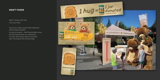 KRAFT FOODS
KRAFT PEANUT BUTTER
THE HUG TOUR
How do you create a peanut butter experience
without product samples?
Crunchy & Smoothy, – Kraft Peanut Butter's iconic
life-sized mascots went on a national tour.
For every 'bear hug' $1 went to a local food
bank.This program still continues today.
 