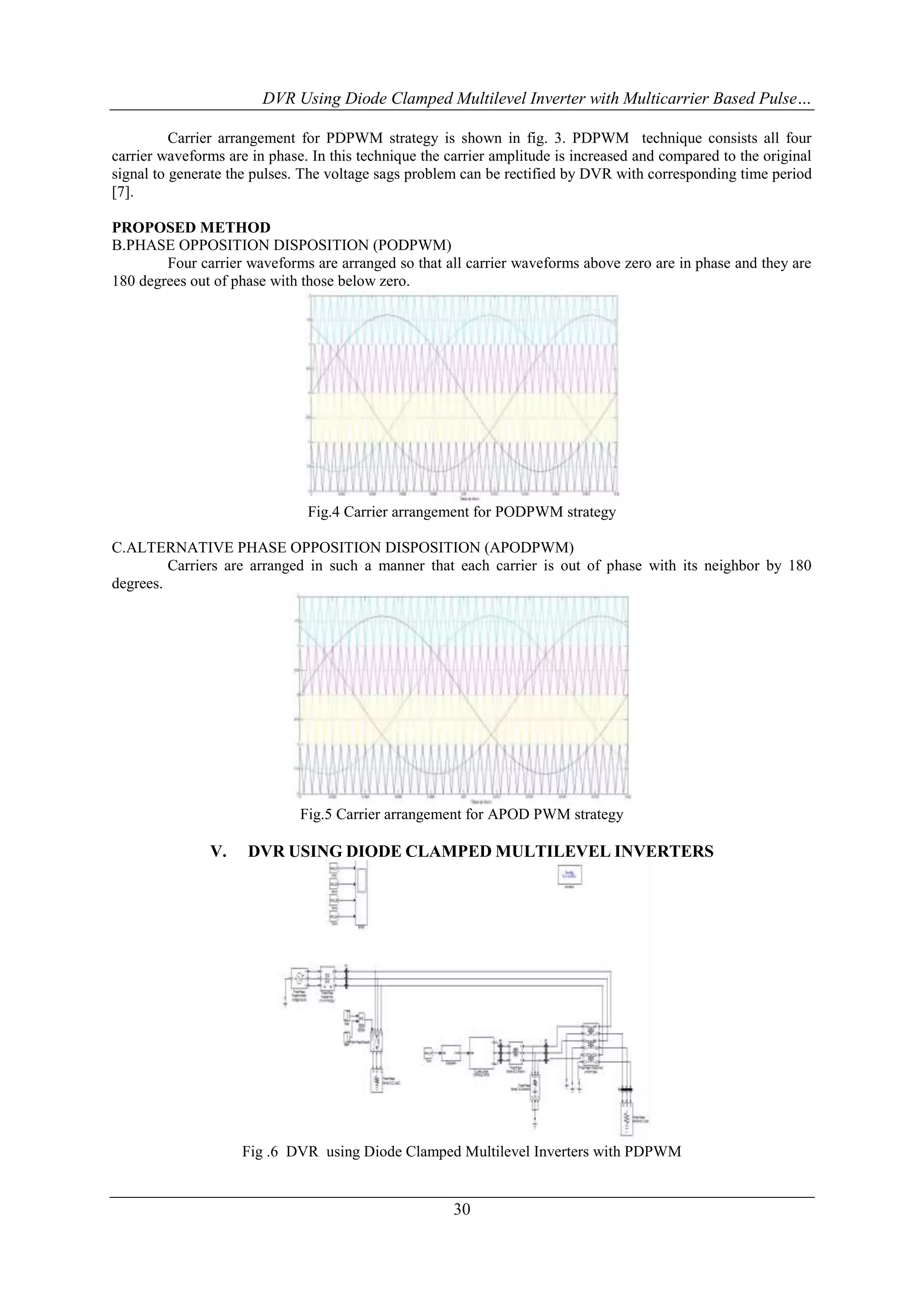 DVR Using Diode Clamped Multilevel Inverter with Multicarrier Based Pulse…
Carrier arrangement for PDPWM strategy is shown in fig. 3. PDPWM technique consists all four
carrier waveforms are in phase. In this technique the carrier amplitude is increased and compared to the original
signal to generate the pulses. The voltage sags problem can be rectified by DVR with corresponding time period
[7].
PROPOSED METHOD
B.PHASE OPPOSITION DISPOSITION (PODPWM)
Four carrier waveforms are arranged so that all carrier waveforms above zero are in phase and they are
180 degrees out of phase with those below zero.

Fig.4 Carrier arrangement for PODPWM strategy
C.ALTERNATIVE PHASE OPPOSITION DISPOSITION (APODPWM)
Carriers are arranged in such a manner that each carrier is out of phase with its neighbor by 180
degrees.

Fig.5 Carrier arrangement for APOD PWM strategy

V.

DVR USING DIODE CLAMPED MULTILEVEL INVERTERS

Fig .6 DVR using Diode Clamped Multilevel Inverters with PDPWM

30

 