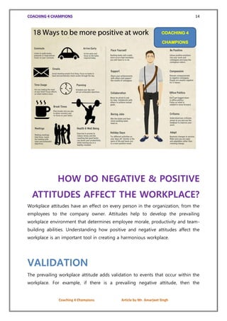 14
HOW DO NEGATIVE & POSITIVE
ATTITUDES AFFECT THE WORKPLACE?
Workplace attitudes have an effect on every person in the or...
