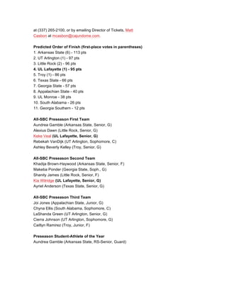 at (337) 265-2100, or by emailing Director of Tickets, Matt
Casbon at mcasbon@cajundome.com.
Predicted Order of Finish (first-place votes in parentheses)
1. Arkansas State (6) - 113 pts
2. UT Arlington (1) - 97 pts
3. Little Rock (2) - 96 pts
4. UL Lafayette (1) - 95 pts
5. Troy (1) - 86 pts
6. Texas State - 66 pts
7. Georgia State - 57 pts
8. Appalachian State - 40 pts
9. UL Monroe - 38 pts
10. South Alabama - 26 pts
11. Georgia Southern - 12 pts
All-SBC Preseason First Team
Aundrea Gamble (Arkansas State, Senior, G)
Alexius Dawn (Little Rock, Senior, G)
Keke Veal (UL Lafayette, Senior, G)
Rebekah VanDijk (UT Arlington, Sophomore, C)
Ashley Beverly Kelley (Troy, Senior, G)
All-SBC Preseason Second Team
Khadija Brown-Haywood (Arkansas State, Senior, F)
Makeba Ponder (Georgia State, Soph., G)
Shanity James (Little Rock, Senior, F)
Kia Wilridge (UL Lafayette, Senior, G)
Ayriel Anderson (Texas State, Senior, G)
All-SBC Preseason Third Team
Joi Jones (Appalachian State, Junior, G)
Chyna Ellis (South Alabama, Sophomore, C)
LaShanda Green (UT Arlington, Senior, G)
Cierra Johnson (UT Arlington, Sophomore, G)
Caitlyn Ramirez (Troy, Junior, F)
Preseason Student-Athlete of the Year
Aundrea Gamble (Arkansas State, RS-Senior, Guard)
	
  
 