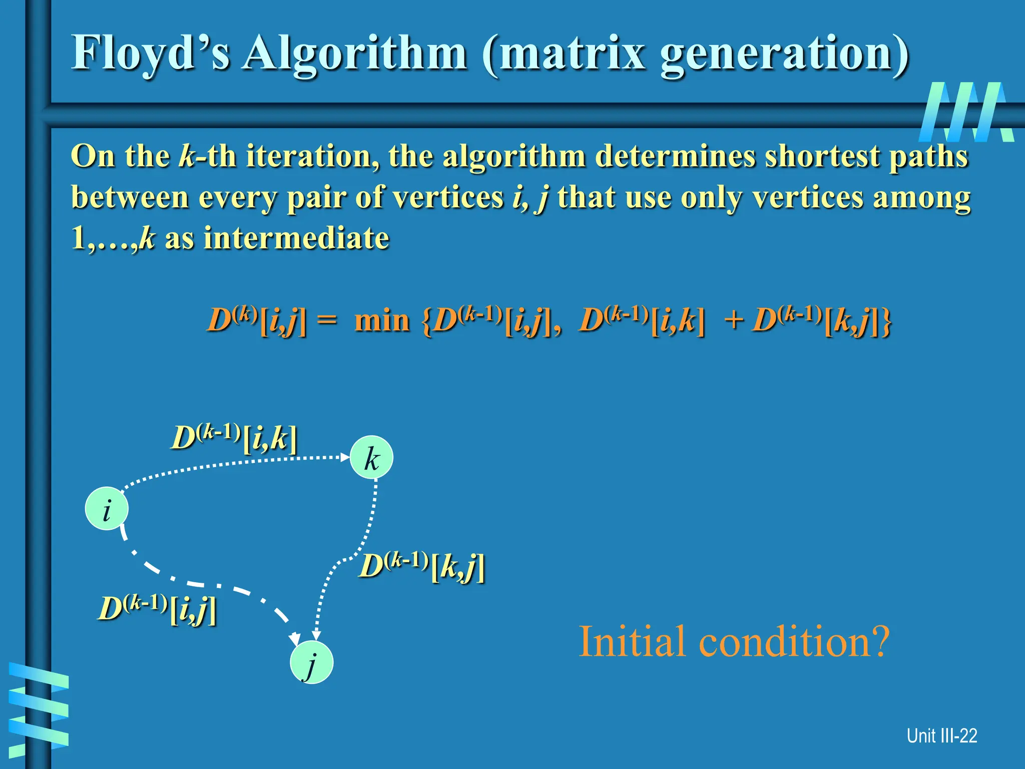 Unit III-22
Floyd’s Algorithm (matrix generation)
On the k-th iteration, the algorithm determines shortest paths
between every pair of vertices i, j that use only vertices among
1,…,k as intermediate
D(k)[i,j] = min {D(k-1)[i,j], D(k-1)[i,k] + D(k-1)[k,j]}
i
j
k
D(k-1)[i,j]
D(k-1)[i,k]
D(k-1)[k,j]
Initial condition?
 
