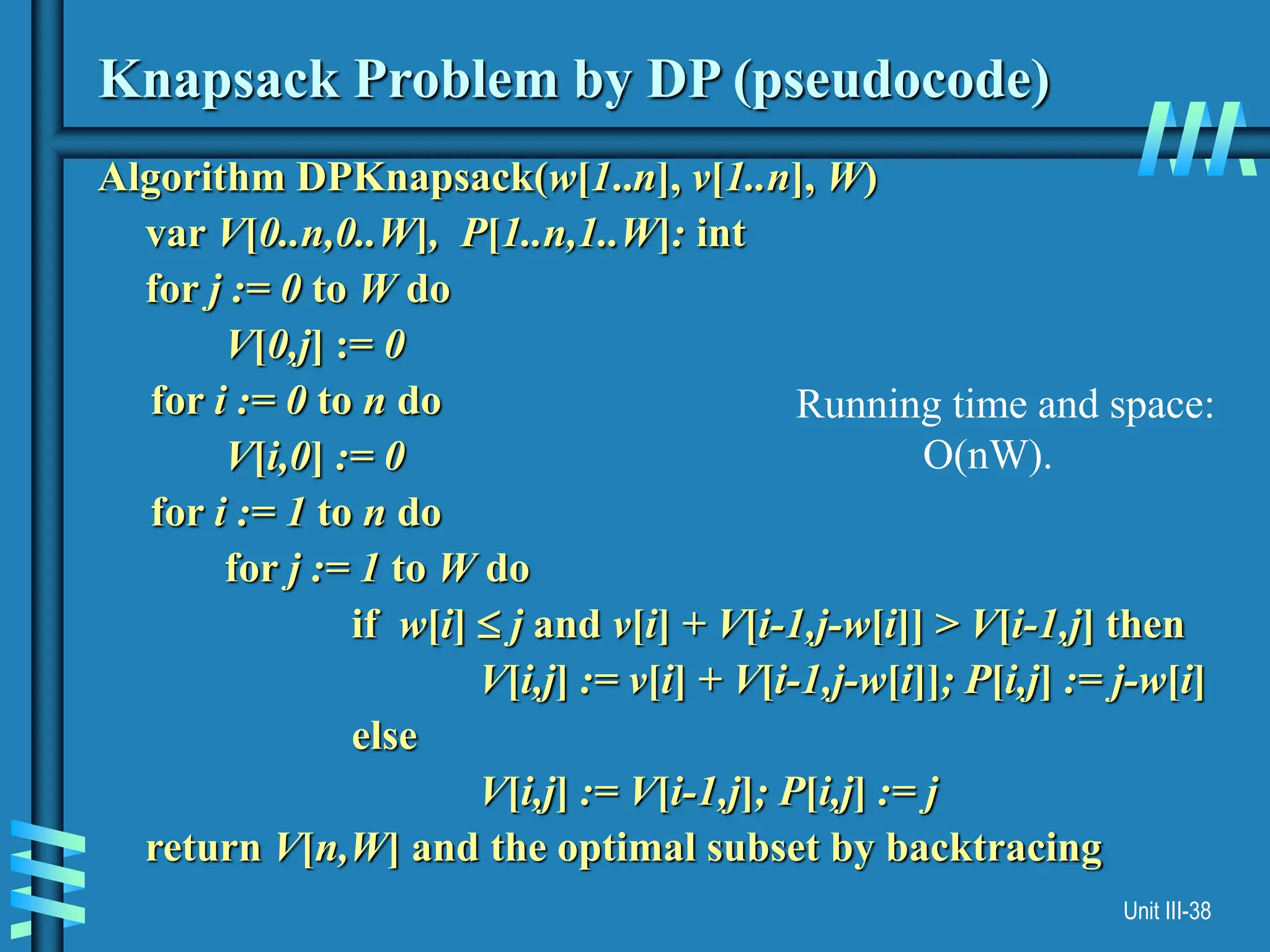 Unit III-38
Knapsack Problem by DP (pseudocode)
Algorithm DPKnapsack(w[1..n], v[1..n], W)
var V[0..n,0..W], P[1..n,1..W]: int
for j := 0 to W do
V[0,j] := 0
for i := 0 to n do
V[i,0] := 0
for i := 1 to n do
for j := 1 to W do
if w[i]  j and v[i] + V[i-1,j-w[i]] > V[i-1,j] then
V[i,j] := v[i] + V[i-1,j-w[i]]; P[i,j] := j-w[i]
else
V[i,j] := V[i-1,j]; P[i,j] := j
return V[n,W] and the optimal subset by backtracing
Running time and space:
O(nW).
 