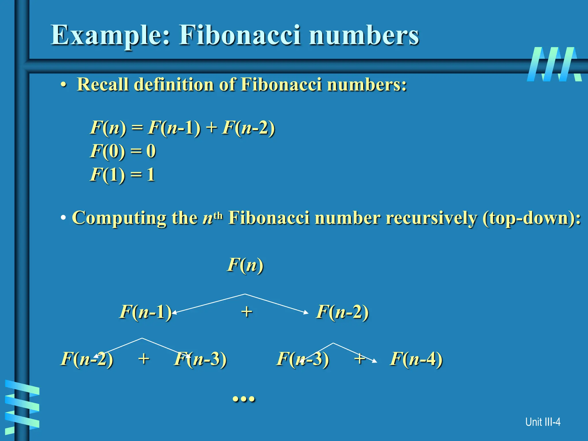 Unit III-4
Example: Fibonacci numbers
• Recall definition of Fibonacci numbers:
F(n) = F(n-1) + F(n-2)
F(0) = 0
F(1) = 1
• Computing the nth Fibonacci number recursively (top-down):
F(n)
F(n-1) + F(n-2)
F(n-2) + F(n-3) F(n-3) + F(n-4)
...
 