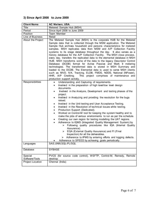 Page 6 of 7 
3) Since April 2008 to June 2009 
Client Name AC Nielsen, USA. 
Title Metered Sample Hub (MSH) 
Period Since April 2008 to June 2009 
Position Team Member 
Line of Business Retail 
About the Project The Metered Sample Hub (MSH) is the corporate HUB for the Metered 
Sample data that is collected through the MSM application. The Metered 
Sample Hub archives household and persons characteristics for metered 
samples. MSH replicates data from MSM and A/P Collection Facility 
systems to its stage database throughout the day. It also serves as a 
history database for the A/P Collection Facility. The MSH close process, 
every day, transfers the replicated data to the elemental database in MSH 
HUB. MSH transforms some of the data to the legacy Descriptor Control 
Database (DCDB) format for Active Passive and Mark II metering 
technologies. The transformed data is stored in MSH Summary and 
loaded to the DCDB. The Elemental data is used to serve MSH clients 
such as MVD, IVA, Tracking, ELDB, FMDS, NDDS, National (NPower), 
HHR, A/P Crediting. This project comprises of maintenance and 
production support activity. 
Responsibilities  Understanding and Capturing of requirements. 
 Involved in the preparation of high level/low level design 
documents. 
 Involved in the Analysis, Development and testing phases of the 
project. 
 Involved in Analyzing and providing the resolution for the bugs 
raised. 
 Involved in the Unit testing and User Acceptance Testing. 
 Involved in the Resolution of technical issues while testing. 
 Production Support (Dedicated). 
 Worked on Control-M tool for keeping the system healthy and to 
make the jobs of various environments to run as per the schedule. 
 Creating our own region for testing modelling the UAT regions. 
 Adherence to IQMS (Integrated Quality Management System) by 
 Following quality procedures like IQA (Internal Quality 
Assurance). 
 EQA (External Quality Assurance) and FI (Final 
Inspection) for all the deliverables. 
 Adherence to IPMS by entering efforts and logging defects. 
 Adherence to SPEED by achieving goals periodically. 
Languages SAS,UNIX,SQL-PL/SQL 
Database SYBASE 
Special 
Software/Tools 
PVCS (for source code control), WSFTP, Control-M, Remedy, Remote 
desktop 
Project Location Chennai (India) 
 