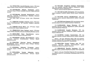 348) НУРМАТОВА Акылай Игамовна, кыргыз, 1984-жылы
0збек ССРинин Ташкент облусунун Галабин районунда туулган;
349) НУРУНБАЕВА Муборак Хашимовна, кыргыз,
1978-жьшы Тажик ССРинин Ленинабад облусунун Исфара районунда
туулган;
350) НУРУНБАЕВА Канышай Насридиновна, кыргыз,
2000- жьшы Тажикстан Республикасынын Ленинабад облусунун
Исфара районунда туулган.
Аны менен бирге 2019-жылы туулган кызы Абдувалиева
Камила;
351) ОДИНАЕВА Диляфруз Тоировна, кыргыз, 2005-жылы
Кыргыз Республикасынын Чуй облусунун Панфилов районунда
туулган;
352) ОЗДИЛЕК Илькер Ийгит, турк, 1977-жылы Туркия
Республикасьшын Эдирне шаарында туулган;
353) ОЙЖИГИТОВ Туйчи Гоибович, кыргыз, 1959-жылы
Тажик ССРинин Ленинабад облусунун Канибадам районунда туулган;
354) ОМУРАЛИЕВ Манас Нарынбекович, кыргыз,
1987-жылы РСФСРдын Иркутск облусунда туулган;
355) ОМУРБЕКОВ Бактияр Джолдошбекович, кыргыз,
2001- жылы Тажикстан Республикасынын ТБАОнун Мургаб
районунда туулган;
356) ООМАТОВА (Оматова) Ордогул Конкобаевна
(Коцкобаевна), кыргыз, 1969-жылы Тажик ССРинин ТБАОнун
Мургаб районунда туулган;
357) ОРМОНОВА Бубусалия Сатторовна, кыргыз,
1967-жылы Кыргыз ССРинин Ош облусунун Баткен районунда
туулган;
358) ОРОЗАЛИЕВА Эльмира Дуйшоевна, кыргыз,
2004-жылы Тажикстан Республикасынын ТБАОнун Мургаб
районунда туулган;
33
329) МУСАЕВА (Умарбоева) Соимахон Усмоналиевна,
1986 года рождения, кыргызка, уроженка Исфаринского района
Ленинабадской области Таджикской ССР.
Вместе с ней дочь Мусаева Зарина 2006 года рождения;
330) МУСАЕВ Таалайбек Абсатарович, 1970 года рождения,
кыргыз, уроженец Узгенского района Ошской области Киргизской
ССР;
331) МУСАКОВ Оятулло Шарофидинович, 1994 года
рождения, кыргыз, уроженец Джергитальского района Республики
Таджикистан;
332) МУСОЕВ Хоким Зоирович, 2002 года рождения, кыргыз,
уроженец Джергитальского района Республики Таджикистан;
333) НАРИМАНОВА Динара Шаиповна, 1997 года
рождения, кыргызка, уроженка Зафарабадского района Джизакской
области Республики Узбекистан;
334) НАРИМАНОВ Темурбек Шаипович, 1990 года
рождения, кыргыз, уроженец Октябрьского района Сырдарьинской
области Узбекской ССР;
335) НАСИРОВА Гулайым Турдувалиевна, 1984 года
рождения, кыргызка, уроженка Джергитальского района Таджикской
ССР.
Вместе с ней дети: Шамшиева Зарина 2006 года рождения,
Шамшиев Хожоали 2009 года рождения, Шамшиева Асия 2012 года
рождения, Шамшиев Рахмонали 2015 года рождения;
336) НЕМАТОВА Тахмииа Гулжигит кизи, 2003 года
рождения, кыргызка, уроженка Кургантепинского района
Андижанской области Республики Узбекистан;
337) НИШАНБАЕВ Муратбек Баширович, 1985 года
рождения, кыргыз, уроженец Мургабского района ГБАО Таджикской
ССР.
Вместе с ним дети: Нишанбаев Нурислам 2012 года рождения,
Нишанбаева Сумая 2015 года рождения, Нишанбаева Раяна 2018 года
рождения;
33
 