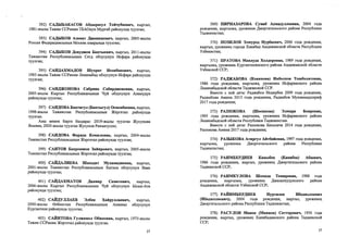392) САДЫБАКАСОВ Абдырасул Тойчубаевич, кыргыз,
1981-жылы Тажик ССРинин ТБАОнун Мургаб районунда туулган;
393) САДЬВКОВ Азамат Джанишевич, кыргыз, 2005-жылы
Россия Федерациясынын Москва шаарында туулган;
394) САДЫКОВ Довуджон Бактыевич, кыргыз, 2011-жылы
Тажикстан Республикасынын Согд облусунун Исфара районунда
туулган;
395) САИДАХМАДОВ Шухрат Исокбекович, кыргыз,
1985-жылы Тажик ССРинин Ленинабад облусунун Исфара районунда
туулган;
396) САИДЖОНОВА Сабрина Собирджоновна, кыргыз,
2005- жылы Кыргыз Республикасыньш Чуй облусунун Аламудун
районунда туулган;
397) САИДОВА Бактигул (Бактыгул) Осконбаевна, кыргыз,
1998-жылы Тажикстан Республикасынын Жергетал районунда
туулган.
Аны менен бирге балдары: 2019-жылы туулган Жусупова
Ясмина, 2020-жылы туулган Жусупов Рахматулло;
398) САИДОВА Фарида Комиловна, кыргыз, 2004-жылы
Тажикстан Республикасынын Жергетал районунда туулган;
399) САИТОВ Бахромжои Зайирович, кыргыз, 2005-жылы
Тажикстан Республикасьшын Жергетал районунда туулган;
400) САкЙДАЛИЕВА Шаходат Мухамадиевна, кыргыз,
2001-жылы Тажикстан Республикасынын Хатлон облусунун Яван
районунда туулган;
401) САИДАХМАТОВ Данияр Саматович, кыргыз,
2006- жылы Кыргыз Республикасынын Чуй облусунун Ысык-Ата
районунда туулган;
402) САЙДУЛЛАЕВ Элбек Хайруллаевич, кыргыз,
2000-жылы ©збекстан Республикасынын Анжиан облусунун
Кургантепе районунда туулган;
403) САЙИТОВА Гулжамол Обиловна, кыргыз, 1975-жылы
Тажик ССРинин Жергетал районунда туулган.
37
369) ПИРНАЗАРОВА Сумаё Ахмадуллоевиа, 2004 года
рождения, кыргызка, уроженка Джергитальского района Республики
Таджикистан;
370) ПОЗИЛОВ Элмурод Нурбаевич, 2006 года рождения,
кыргыз, уроженец города Ханабад Андижанской области Республики
Узбекистан;
371) ПРАТОВА Мавлуда Холдоровна, 1989 года рождения,
кыргызка, уроженка Кургантепинского района Андижанской области
Узбекской ССР;
372) РАДЖАБОВА (Кокакова) Икболхон Тошболатовна,
1986 года рождения, кыргызка, уроженка Исфаринского района
Ленинабадской области Таджикской ССР.
Вместе с ней дети: Раджабов Нодирбек 2009 года рождения,
Раджабова Амина 2013 года рождения, Раджабов Мухаммадшариф
2017 года рождения;
373) РАЗЗОКОВА (Шосинова) Элмира Боировна,
1995 года рождения, кыргызка, уроженка Исфаринского района
Ленинабадской области Республики Таджикистан.
Вместе с ней дети: Раззокова Бихалича 2014 года рождения,
Раззокова Амина 2017 года рождения;
374) РАЗЫКОВА Атиргул Айтбайовна, 1997 года рождения,
кыргызка, уроженка Джергитальского района Республики
Таджикистан;
375) РАИМБЕРДИЕВ Каныбек (Канибек) Абаевич,
1986 года рождения, кыргыз, уроженец Джергитальского района
Таджикской ССР;
376) РАИМКУЛОВА Шохида Темировна, 1988 года
рождения, кыргызка, уроженка Джалалкудукского района
Андижанской области Узбекской ССР;
377) РАЙИМБЕРДИЕВ Нуртилек Ибодиллоевич
(Ибадиллаевич), 2004 года рождения, кыргыз, уроженец
Джергитальского района Республики Таджикистан;
378) РАСУЛОВ Манон (Манной) Сатторович, 1956 года
рождения, кыргыз, уроженец Канибадамского района Таджикской
ССР;
37
 