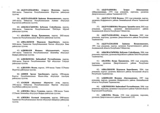 38) АБДУРАХМАНОВА Атиргул Исоковна, кыргыз,
2003-жьшы Тажикстан Республикасынын Жергетал районунда
туулган;
39) АБДУРАХМАНОВ Байаман Исмаилжанович, кыргыз,
1995-жылы ©збекстан Республикасынын Анжиан облусунун
Кургантепе районунда туулган;
40) АБЫЛКАСЫМОВА Бубухава Суйунбаевна, кыргыз,
2004- жылы Тажикстан Республикасынын ТБАОнун Мургаб
районунда туулган;
41) АВАЗОВА Нукра Ёридиновна, кыргыз, 2002-жылы
Тажикстан Республикасынын Жергетал районунда туулган;
42) АВВАЛБЕКОВ Муродали Баратбаевич, кыргыз,
2004-жылы Тажикстан Республикасынын Хатлон облусунун Яван
районунда туулган;
43) АДЖИБАЕВ Жамшед Абдусадыкович, кыргыз,
1997-жылы Тажикстан Республикасынын Ленинабад облусунун
Исфара районунда туулган;
44) АДИЛБЕКОВА Бибизайнаб Рустамбековна, кыргыз,
2006-жылы Кыргыз Республикасынын Чуй облусунун Сокулук
районунда туулган;
45) АДИЛОВА Мохия, кыргыз, 1950-жылы Тажик ССРинин
Жергетал районунда туулган;
46) АЖИЕВ Эрстан Эдилбекович, кыргыз, 1996-жылы
Кыргыз Республикасынын Жалал-Абад облусунун Ала-Бука
районунда туулган;
47) АЗАМОВ Абдукамол Абдумутал угли, кыргыз,
1992-жылы Озбекстан Республикасынын Фергана облусунун
Ахунбабаев районунда туулган;
48) АЗИЗОВА Ойгул Гозиевна, кыргыз, 1988-жылы Тажик
ССРинин Ленинабад облусунун Исфара районунда туулган;
49) АЗИЗОВА Олтиной Ахмадовна, кыргыз, 2000-жылы
Тажикстан Республикасынын Хатлон облусунун Шахритус районунда
туулган.
35) АБДУРАИМОВА Зумрат Абдилхаковна
(Абдылхаковна), 1979 года рождения, кыргызка, уроженка
Джергитальского района Таджикской ССР;
36) АБДУРАСУЛОВ Исмоил, 1953 года рождения, кыргыз,
уроженец Исфаринского района Ленинабадской области Таджикской
ССР;
37) АБДУРАХИМОВА Мехриноз Эркинбек кизи, 2002 года
рождения, кыргызка, уроженка Джалалкудукского района
Андижанской области Республики Узбекистан;
38) АБДУРАХМАНОВА Атиргул Исоковна, 2003 года
рождения, кыргызка, уроженка Джергитальского района Республики
Таджикистан;
39) АБДУРАХМАНОВ Байаман Исмаилжанович,
1995 года рождения, кыргыз, уроженец Кургантепинского района
Андижанской области Республики Узбекистан;
40) АБЫЛКАСЫМОВА Бубухава Суйунбаевна, 2004 года
рождения, кыргызка, уроженка Мургабского районаГБАО Республики
Таджикистан;
41) АВАЗОВА Нукра Ёридиновна, 2002 года рождения,
кыргызка, уроженка Джергитальского района Республики
Таджикистан;
42) АВВАЛБЕКОВ Муродали Баратбаевич, 2004 года
рождения, кыргыз, уроженец Яванского района Хатлонской области
Республики Таджикистан;
43) АДЖИБАЕВ Жамшед Абдусадыкович, 1997 года
рождения, кыргыз, уроженец Исфаринского района Ленинабадской
области Республики Таджикистан;
44) АДИЛБЕКОВА Бибизайнаб Рустамбековна, 2006 года
рождения, кыргызка, уроженка Сокулукского района Чуйской области
Кыргызской Республики;
45) АДИЛОВА Мохия, 1950 года рождения, кыргызка,
уроженка Джергитальского района Таджикской ССР;
 