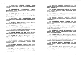 83) АРЗИКУЛОВА Одинахон Душаевна, кыргыз,
1984- жылы 0збек ССРинин Фергана облусунун Кувасай шаарында
туулган;
84) АРЗИМАМБЕТОВ (Арзымамбетов) Суйунбай
Мамадиярович, кыргыз, 1981-жылы Тажик ССРинин ТБАОнун
Мургаб районунда туулган;
85) АРЗЫМАТОВ Урматбек Тынчтыкбекович, кыргыз,
1993-жылы Кыргыз Республикасынын Ош облусунун Кара-Кулжа
районунда туулган;
86) АРИФЖАНОВ Элдор Ибрахимжонович, кыргыз,
1985- жылы Озбек ССРинин Анжиан облусунун Кургантепе районунда
туулган;
87) АРТИКОВА Майрам Ганиевна, кыргыз, 1968-жылы
Тажик ССРинин Канибадам районунда туулган;
88) АРТЬПСОВ Бухрулло Зайдуллоевич, кыргыз, 1995-жылы
Тажикстан Республикасынын Ленин районунда туулган;
89) АРТЫКОВА Жамбы Кутмаматовна, кыргыз, 1958-жьшы
Тажик ССРинин ТБАОнун Мургаб районунда туулган;
90) АСАНОВА Жамила Душа кизи, кыргыз, 1991-жылы
Озбек ССРинин Сырдарыя облусунун Ильичев районунда туулган;
91) АСАТИЛДАЕВ Бекжол Шералиевич, кыргыз,
1996-жылы Тажикстан Республикасынын ТБАОнун Мургаб
районунда туулган;
92) АСАТИЛДАЕВ Чынгыз Тагайбекович, кыргыз,
2003-жылы Тажикстан Республикасынын ТБАОнун Мургаб
районунда туулган;
93) АСКАРОВА Шоирахон Хурсанали кизи, кыргыз,
2005-жылы Озбекстан Республикасынын Фергана облусунун Фергана
шаарында туулган;
94) АХМАД Б.С. Иижас (ИНЖАС Ахмад Бассим Сабри),
палестиналык, 1994-жылы Палестина Мамлекетинин Рамалла
шаарында туулган;
79) АНАРБАЕВ Хуршидбек Абиджаиович, 1987 года
рождения, кыргыз, уроженец Джалалкудукского района Андижанской
области Узбекской ССР;
80) АНАШЕВ Нурбек Одилжон угли, 2002 года рождения,
кыргыз, уроженец Чартакского района Наманганской области
Республики Узбекистан;
81) АПЫЗОВ Эрмат, 1953 года рождения, кыргыз, уроженец
Джергитальского района Таджикской ССР;
82) АРЗИЕВА (Шарипова) Гульжахан Мирзоевна,
1971 года рождения, кыргызка, уроженка Джергитальского района
Таджикской ССР;
83) АРЗИКУЛОВА Одинахон Душаевна, 1984 года
рождения, кыргызка, уроженка города Кувасай Ферганской области
Узбекской ССР;
84) АРЗИМАМБЕТОВ (Арзымамбетов) Суйунбай
Мамадиярович, 1981 года рождения, кыргыз, уроженец Мургабского
района ГБАО Таджикской ССР;
85) АРЗЫМАТОВ Урматбек Тынчтыкбекович, 1993 года
рождения, кыргыз, уроженец Кара-Кулжинского района Ошской
области Кыргызской Республики;
86) АРИФЖАНОВ Элдор Ибрахимжонович, 1985 года
рождения, кыргыз, уроженец Кургантепинского района Андижанской
области Узбекской ССР;
87) АРТИКОВА Майрам Ганиевна, 1968 года рождения,
кыргызка, уроженка Канибадамского района Таджикской ССР;
88) АРТЫКОВ Бухрулло Зайдуллоевич, 1995 года
рождения, кыргыз, уроженец Ленинского района Республики
Таджикистан;
89) АРТЬПСОВА Жамбы Кутмаматовна, 1958 года
рождения, кыргызка, уроженка Мургабского района ГБАО
Таджикской ССР;
 