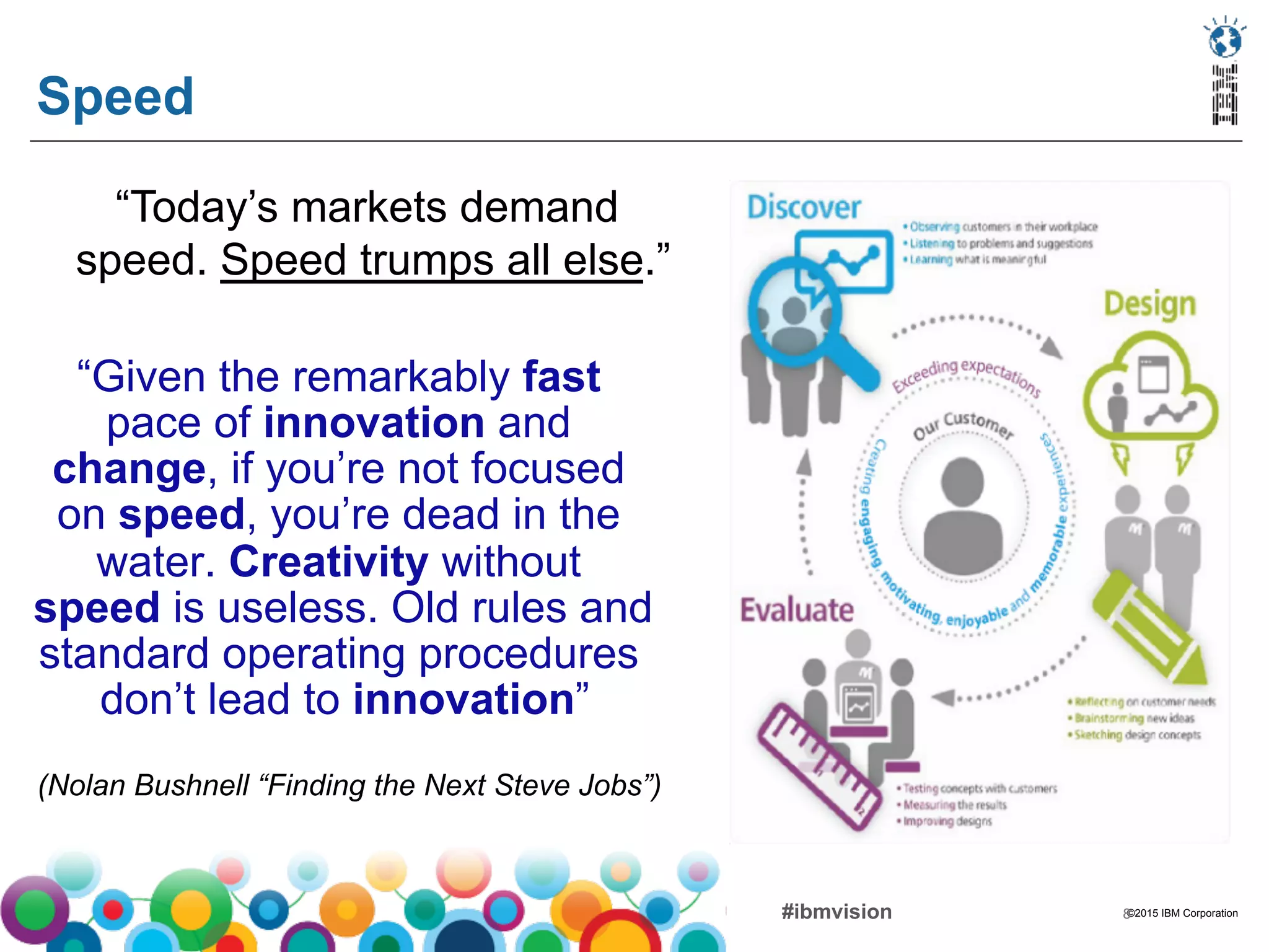 ©2015 IBM Corporation#ibmvision 88
“Given the remarkably fast
pace of innovation and
change, if you’re not focused
on speed, you’re dead in the
water. Creativity without
speed is useless. Old rules and
standard operating procedures
don’t lead to innovation”
Speed
“Today’s markets demand
speed. Speed trumps all else.”
(Nolan Bushnell “Finding the Next Steve Jobs”)
 