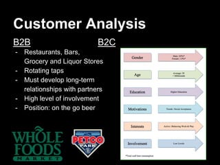 Customer Analysis
B2B
- Restaurants, Bars,
Grocery and Liquor Stores
- Rotating taps
- Must develop long-term
relationships with partners
- High level of involvement
- Position: on the go beer
B2C
 