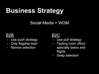 Business Strategy
B2B
- Use push strategy
- Only flagship beer
- Narrow selection
B2C
- Use pull strategy
- Tasting room offers
specialty beers and
flights
- Deep selection
Social Media + WOM
 