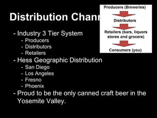 Distribution Channels
- Industry 3 Tier System
- Producers
- Distributors
- Retailers
- Hess Geographic Distribution
- San Diego
- Los Angeles
- Fresno
- Phoenix
- Proud to be the only canned craft beer in the
Yosemite Valley.
 