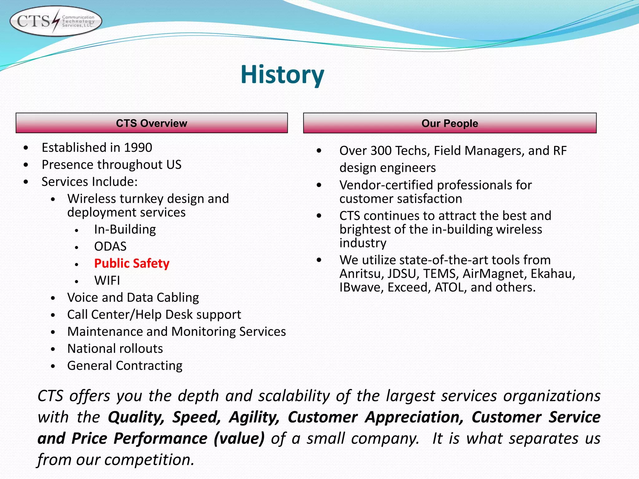 History
• Established in 1990
• Presence throughout US
• Services Include:
• Wireless turnkey design and
deployment services
• In-Building
• ODAS
• Public Safety
• WIFI
• Voice and Data Cabling
• Call Center/Help Desk support
• Maintenance and Monitoring Services
• National rollouts
• General Contracting
• Over 300 Techs, Field Managers, and RF
design engineers
• Vendor-certified professionals for
customer satisfaction
• CTS continues to attract the best and
brightest of the in-building wireless
industry
• We utilize state-of-the-art tools from
Anritsu, JDSU, TEMS, AirMagnet, Ekahau,
IBwave, Exceed, ATOL, and others.
CTS offers you the depth and scalability of the largest services organizations
with the Quality, Speed, Agility, Customer Appreciation, Customer Service
and Price Performance (value) of a small company. It is what separates us
from our competition.
CTS Overview Our People
 