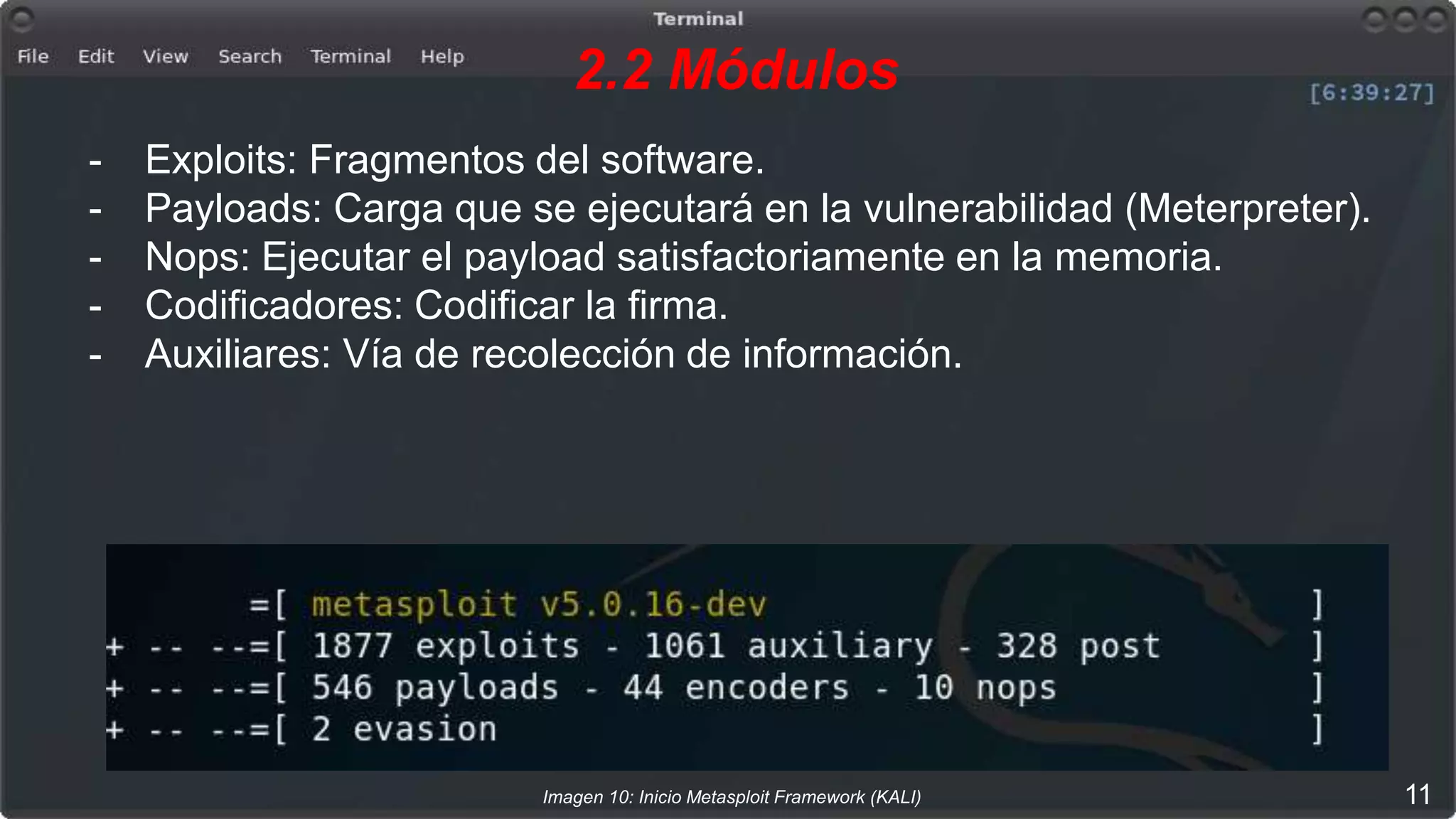 2.2 Módulos
11Imagen 10: Inicio Metasploit Framework (KALI)
- Exploits: Fragmentos del software.
- Payloads: Carga que se ejecutará en la vulnerabilidad (Meterpreter).
- Nops: Ejecutar el payload satisfactoriamente en la memoria.
- Codificadores: Codificar la firma.
- Auxiliares: Vía de recolección de información.
 
