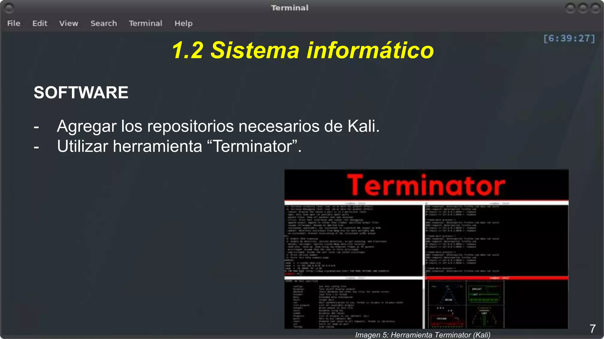 1.2 Sistema informático
SOFTWARE
- Agregar los repositorios necesarios de Kali.
- Utilizar herramienta “Terminator”.
7Imagen 5: Herramienta Terminator (Kali)
 