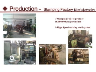  Production - Stamping Factory Kim’sJewelry
Stamping Foil to produce
10,000,000 pcs per month
High Speed making mold system
 