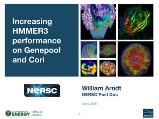 William Arndt
NERSC Post Doc
Increasing
HMMER3
performance
on Genepool
and Cori
- 1 -
July 6, 2016
 
